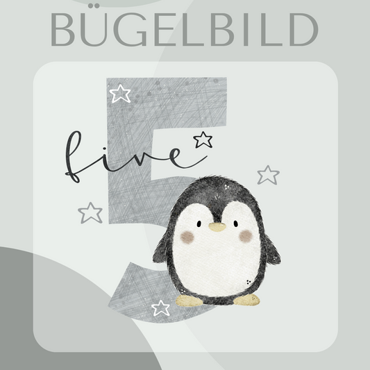 Bügelbild Geburtstagszahl 5 mit Pinguin 