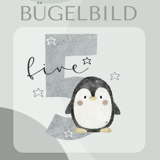 Bügelbild Geburtstagszahl 5 mit Pinguin 