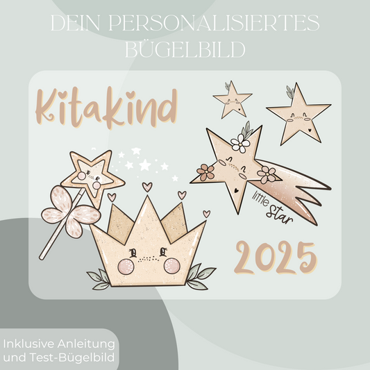 Personalisiertes Bügelbild-Set Kitakind 2025 mit Sterne und Krone