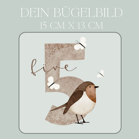 Geburtstagszahl 5 mit Vogel - Maxi Bügel-Bild Bügelbild Eigenproduktion