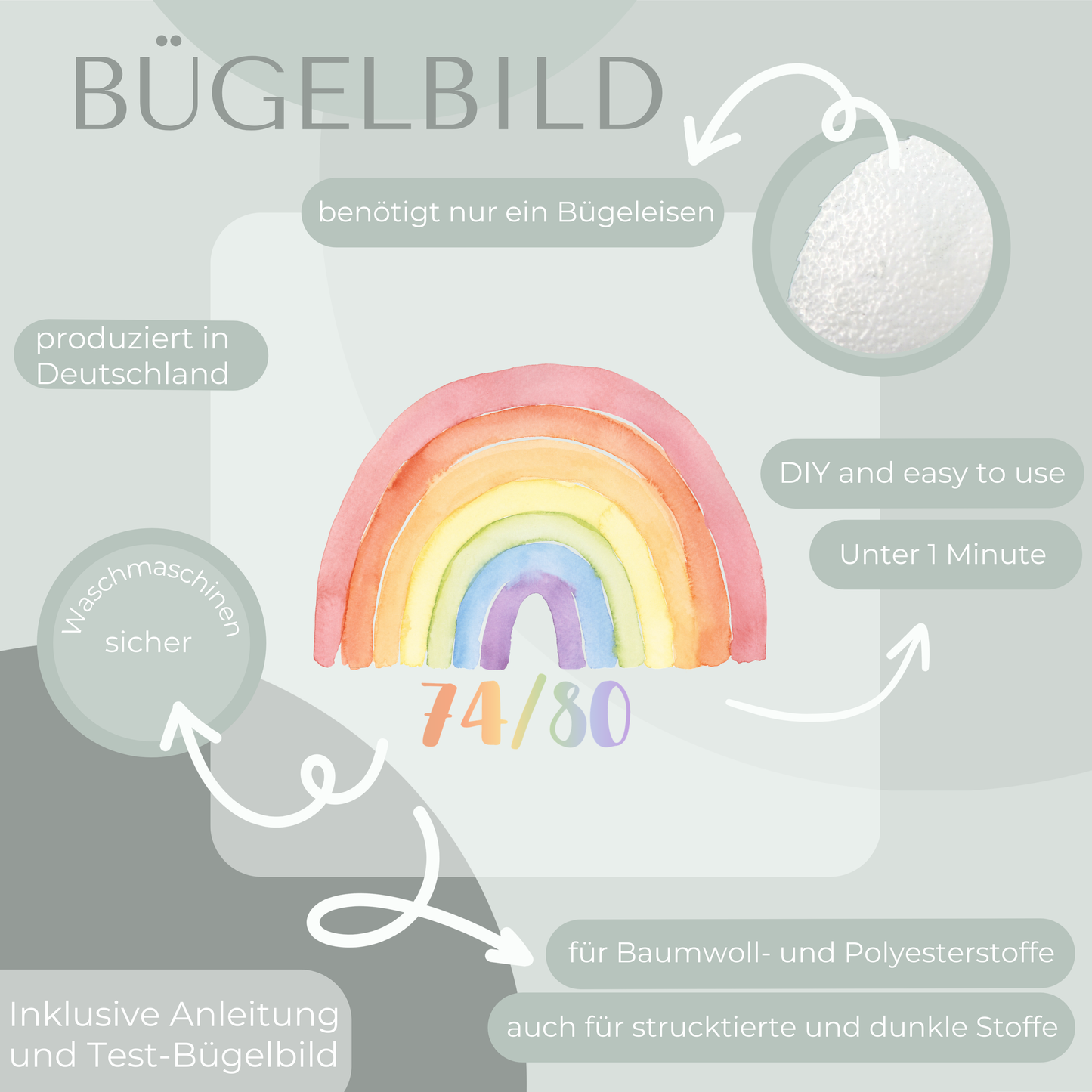 10 Stück Regenbogen bunt Größen-Bügelbilder Set Größenlabel Eigenproduktion