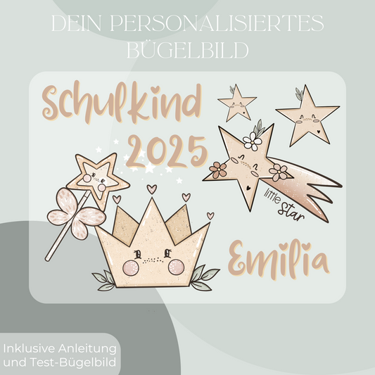 Personalisiertes Bügelbild-Set Schulkind 2025 Sterne und Krone
