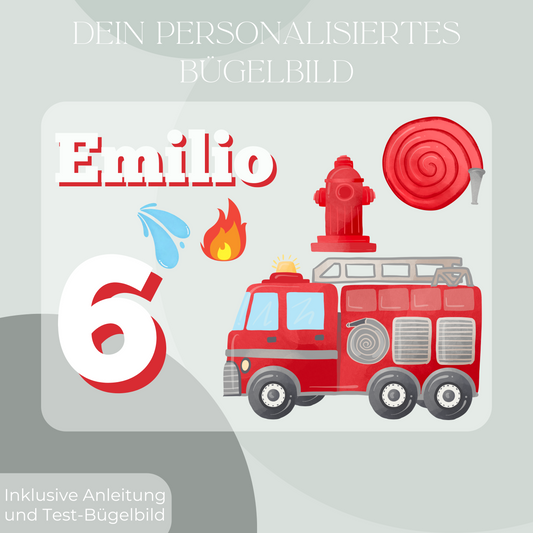 Personalisiertes Bügelbild mit Feuerwehr-Motiv, Name und Alter nach Wunsch