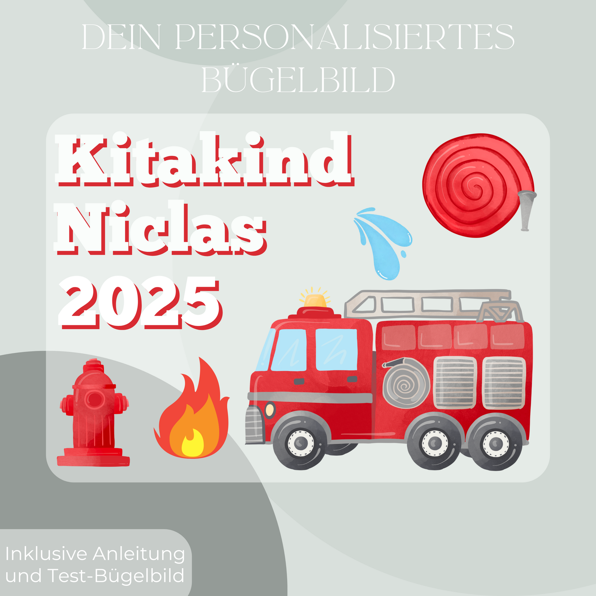 Personalisiertes Bügelbild für Kitakinder 2025 mit Feuerwehr-Motiv, Name und Jahr nach Wunsch