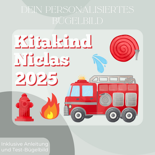 Personalisiertes Bügelbild für Kitakinder 2025 mit Feuerwehr-Motiv, Name und Jahr nach Wunsch