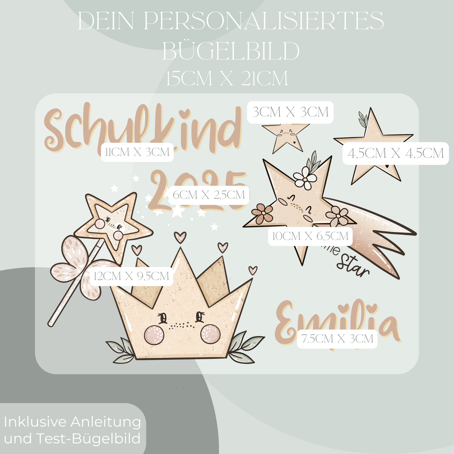 Personalisiertes Bügelbild-Set Schulkind 2025 Sterne und Krone II