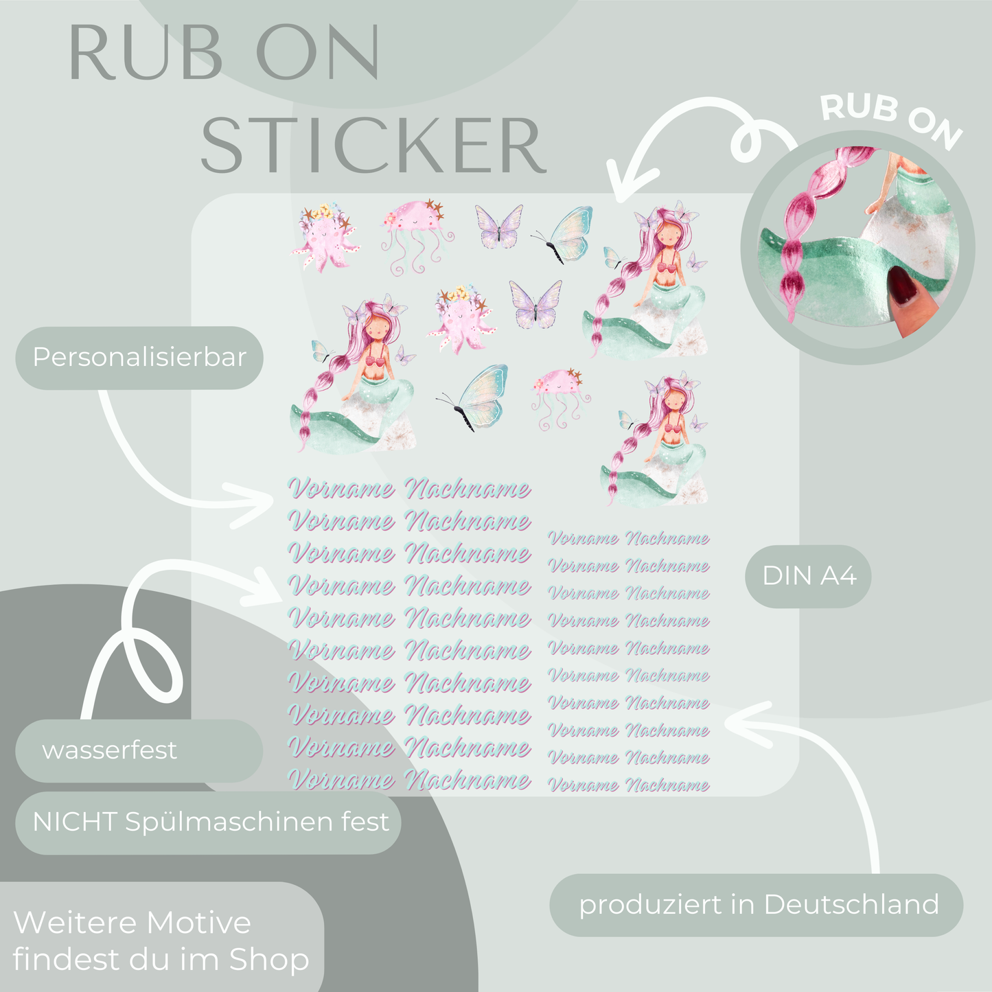 Meerjungfrau II Rub-On Sticker Set personalisierbar