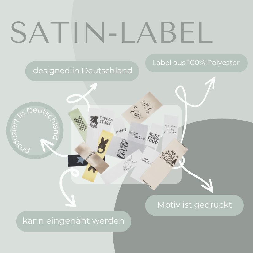 Mit 100% Liebe genäht Weiß Satinlabel Satin Eigenproduktion