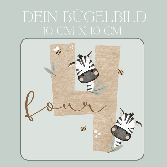 Geburtstagszahl 4 mit Zebra - Mini Bügel-Bild Bügelbild Eigenproduktion