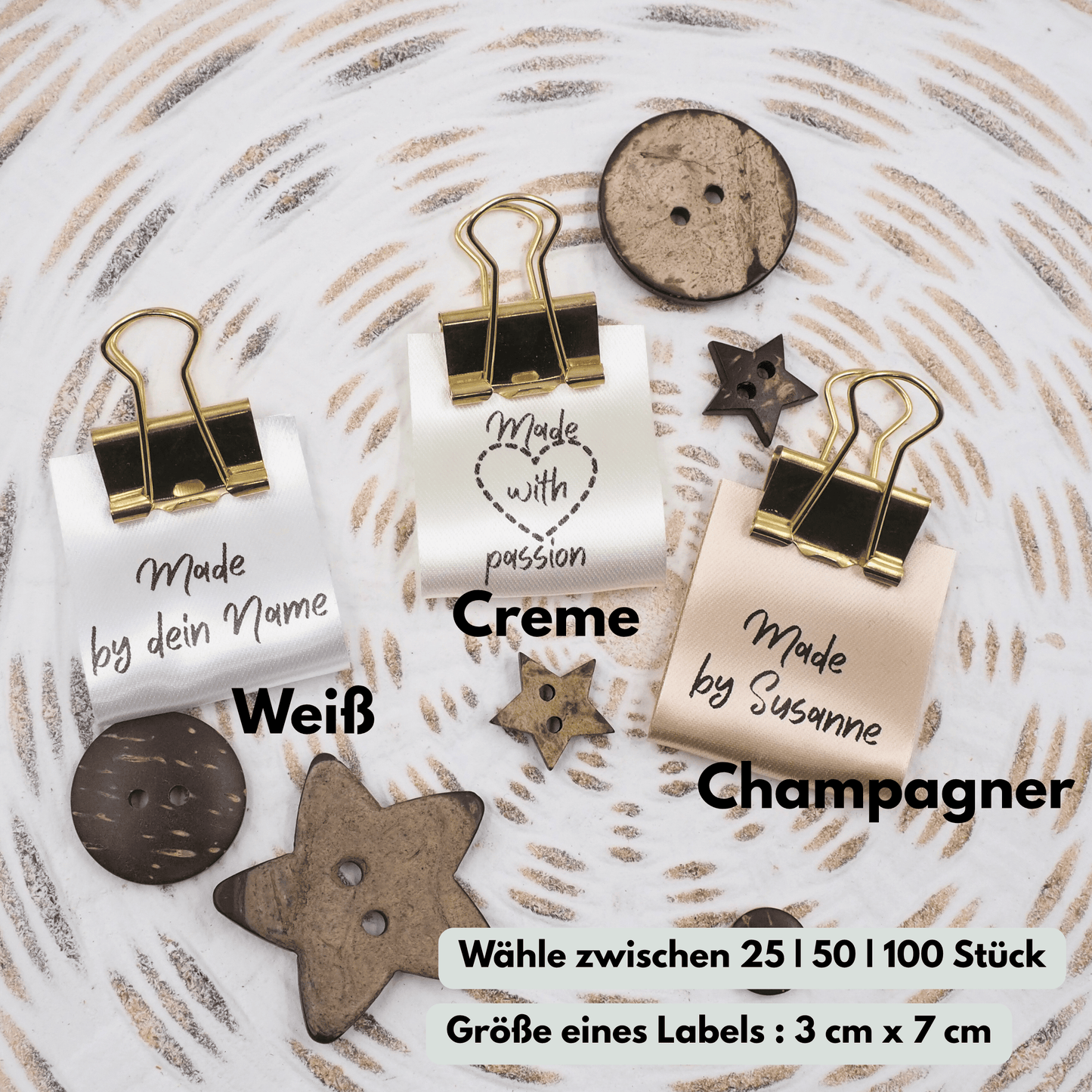 Personalisierte Satin Label - „Made by / Made with passion“- personalisiert mit eigenem Namen