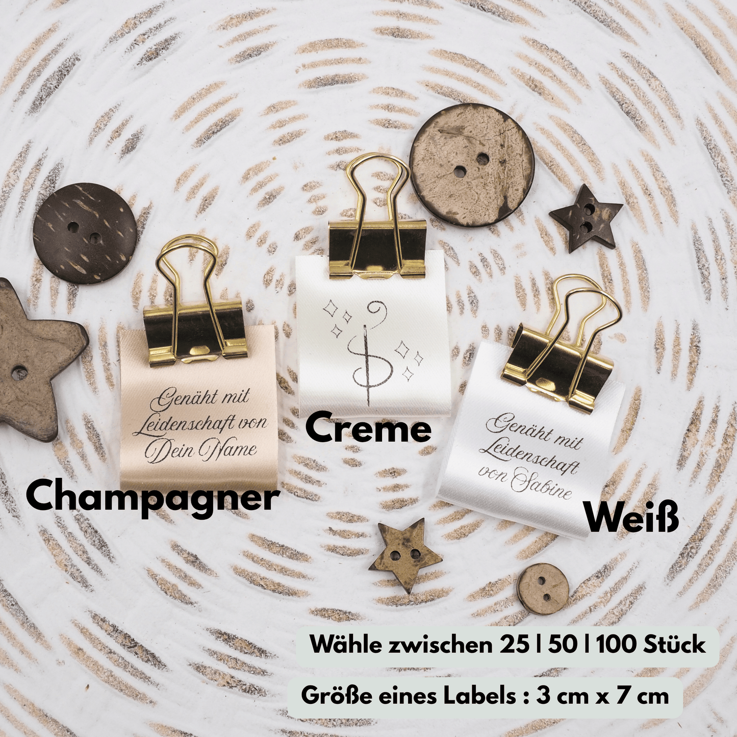 Personalisierte Satin Label - "Genäht mit Leidenschaft" - personalisiert mit eigenem Namen