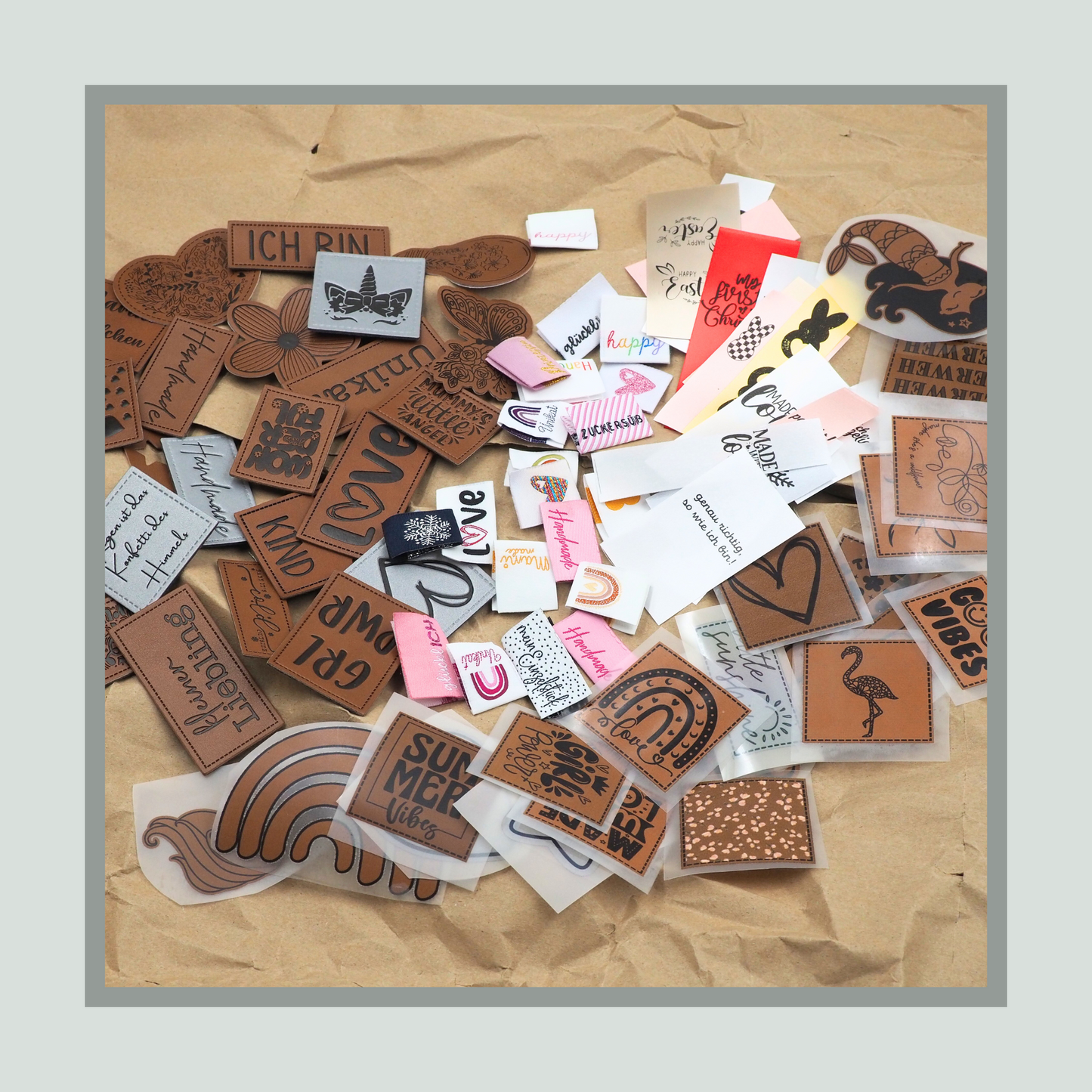 Label Box / Kunstleder Label, Knick Label, Web Label, Satin, Bügel Label