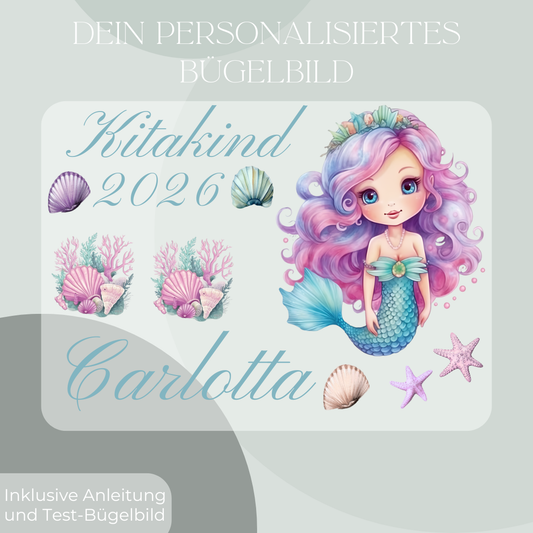Personalisiertes Bügel-Bild Bügelbild-Set Kitakind 2026 Meerjungfrau