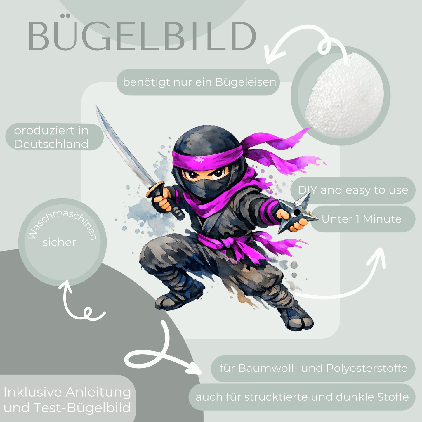 Lila Ninja Bügelbild Eigenproduktion