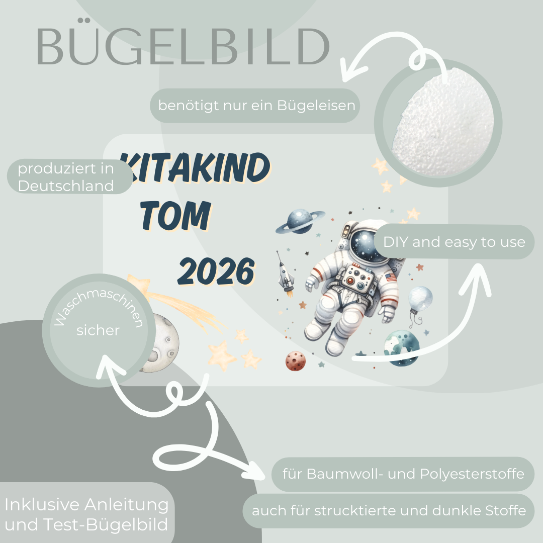 Personalisiertes Bügel-Bild Bügelbild-Set Kitakind 2026 Astronaut