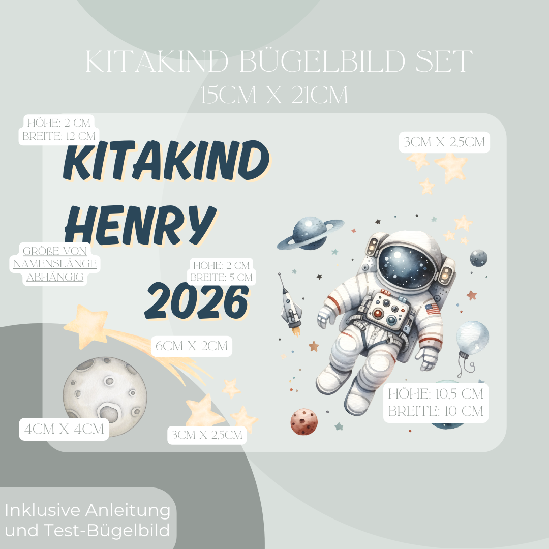 Personalisiertes Bügel-Bild Bügelbild-Set Kitakind 2026 Astronaut