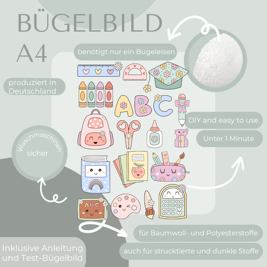 Kawaii Schule Bügelbild-Set Eigenproduktion DIN A4