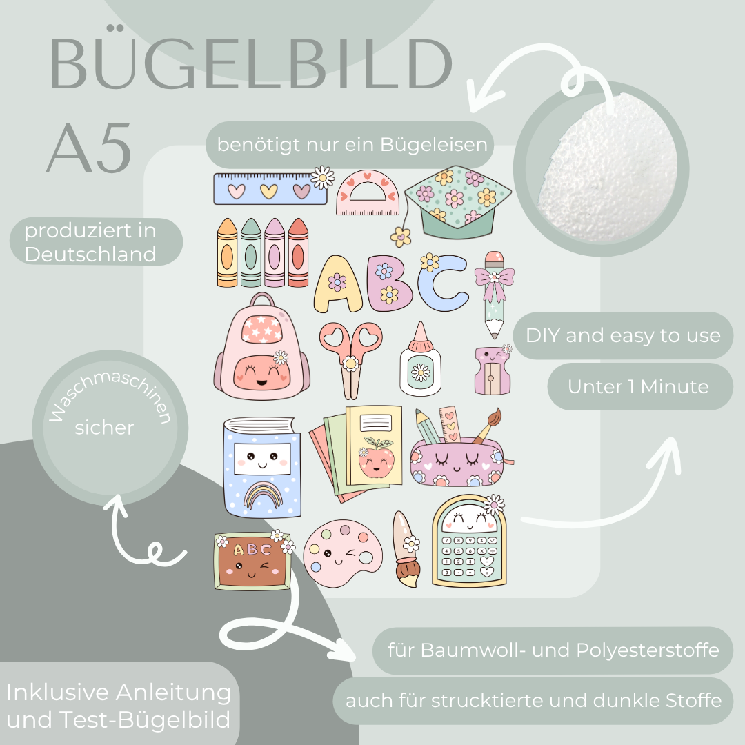 Kawaii Schule Bügelbild-Set Eigenproduktion DIN A5