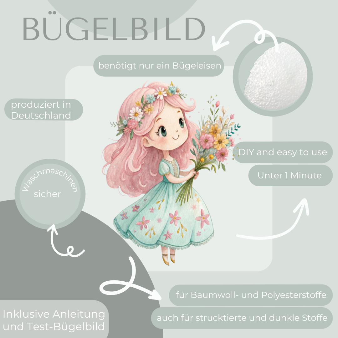 Blumen Mädchen Bügelbild mit Blumenstrauß und Blumenkranz Eigenproduktion