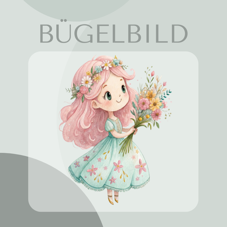Bügelbild- Mädchen mit Blumenstrauss und Blumenkranz