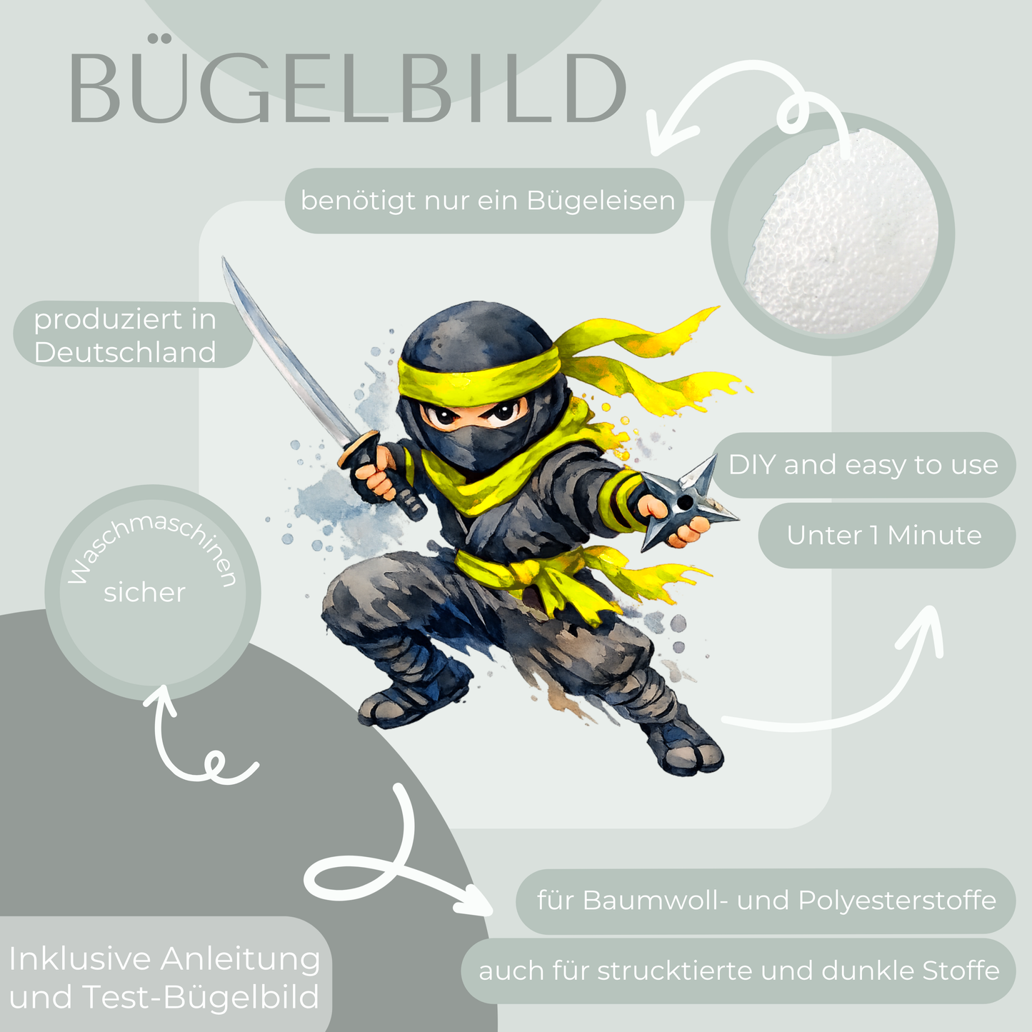 Gelber Ninja Bügelbild Eigenproduktion