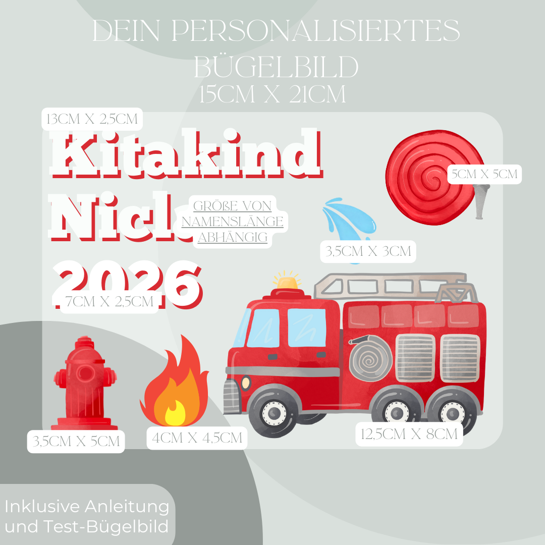 Personalisiertes Bügel-Bild Bügelbild-Set Kitakind 2026 Feuerwehr-Motiv