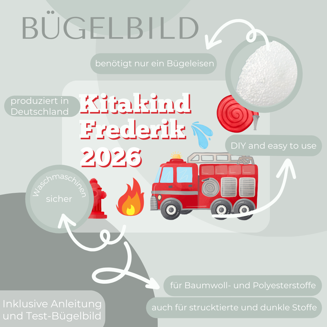 Personalisiertes Bügel-Bild Bügelbild-Set Kitakind 2026 Feuerwehr-Motiv