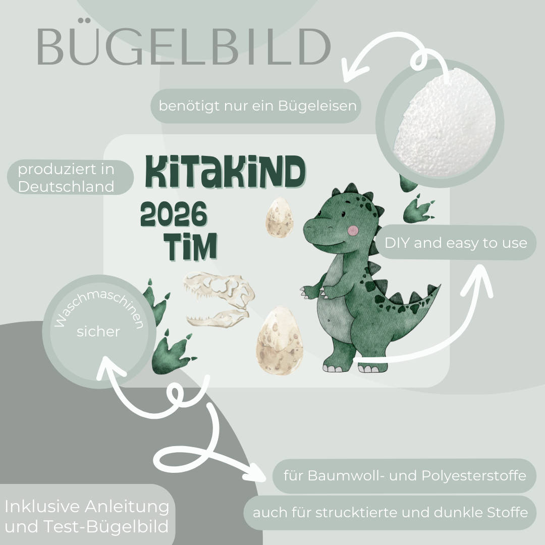 Personalisiertes Bügelbild-Set Kitakind 2026 Dinosaurier