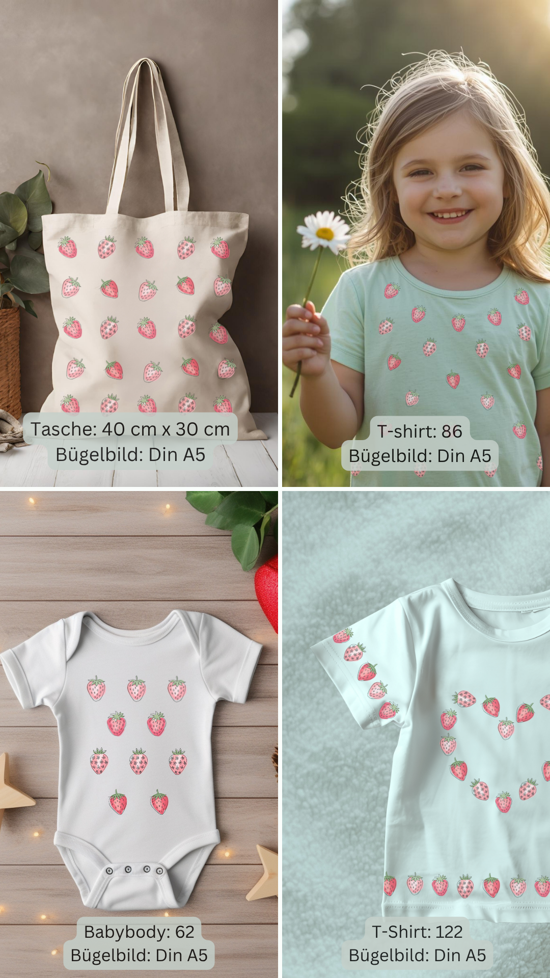 Mini Erdbeeren Set  Bügelbild Eigenproduktion DIN A5