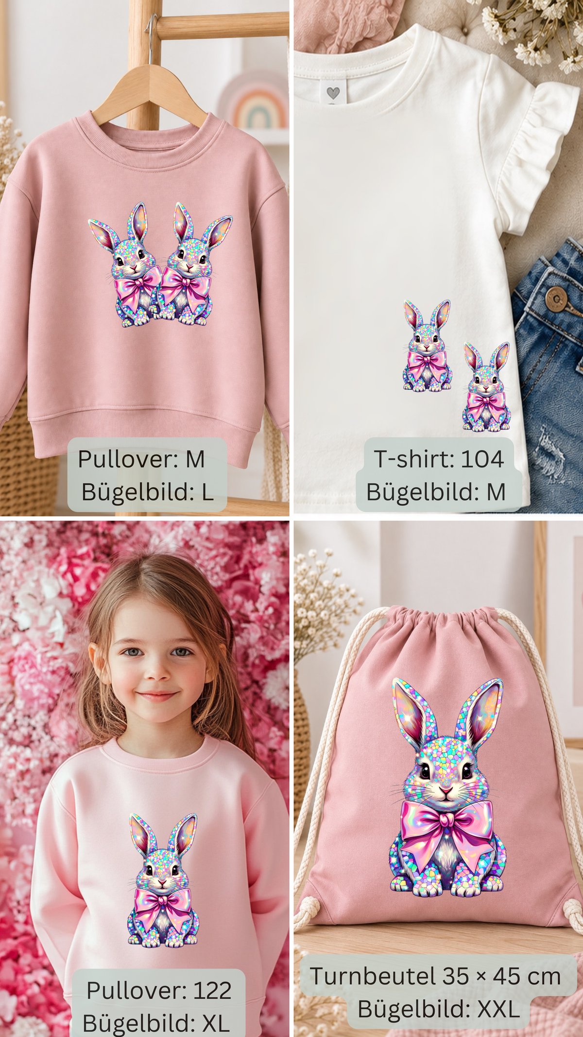 Funkelnder Hase mit Schleife Bügel-Bild Bügelbild Eigenproduktion