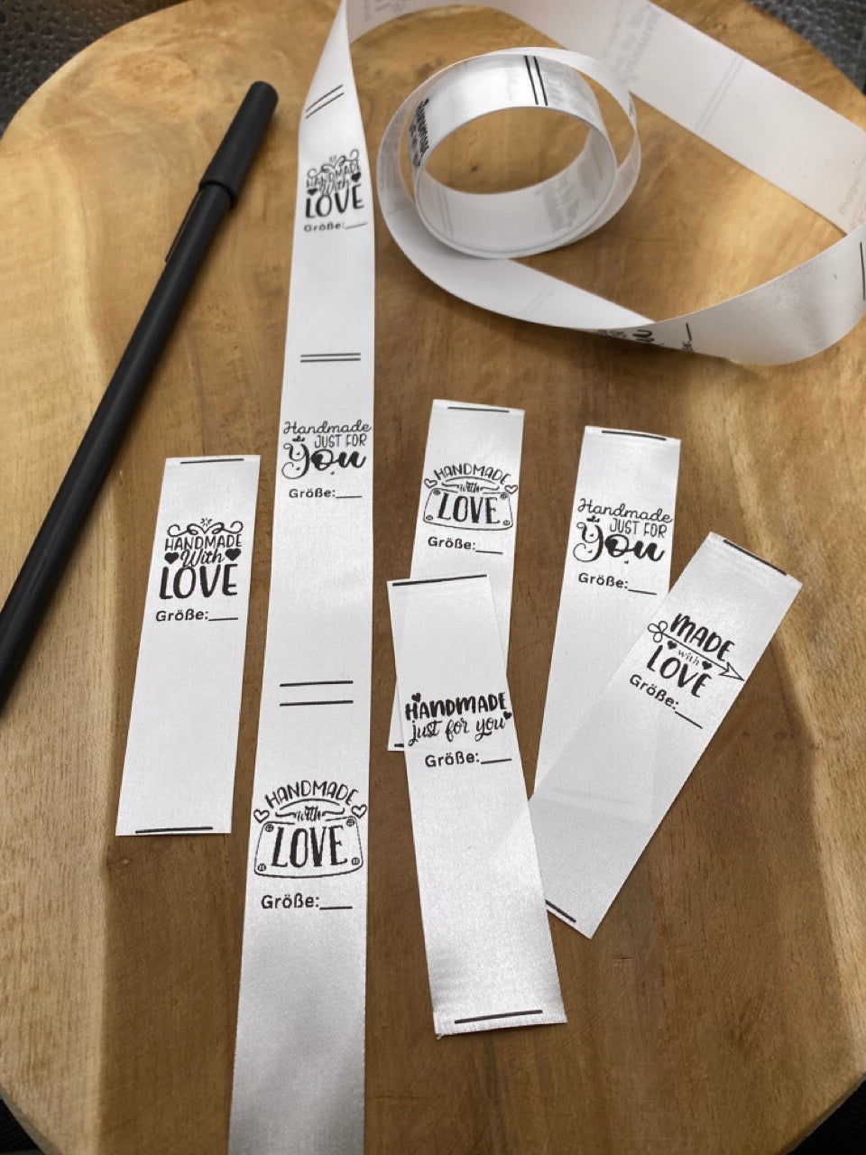 5 Stück Made with Love Größen Label zum beschriften Satin Label