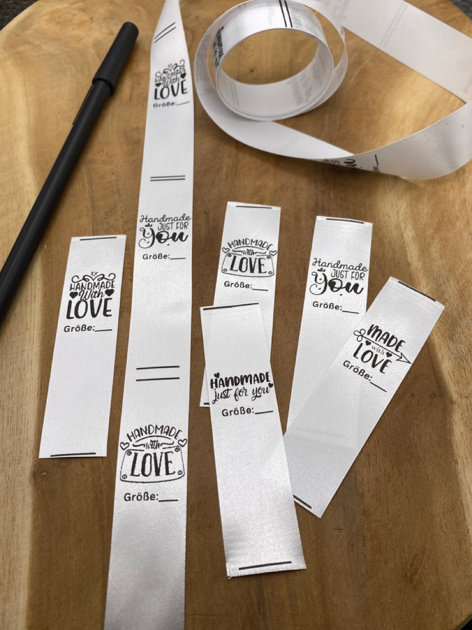 5 Stück Made with Love Größen Label zum beschriften Satin Label