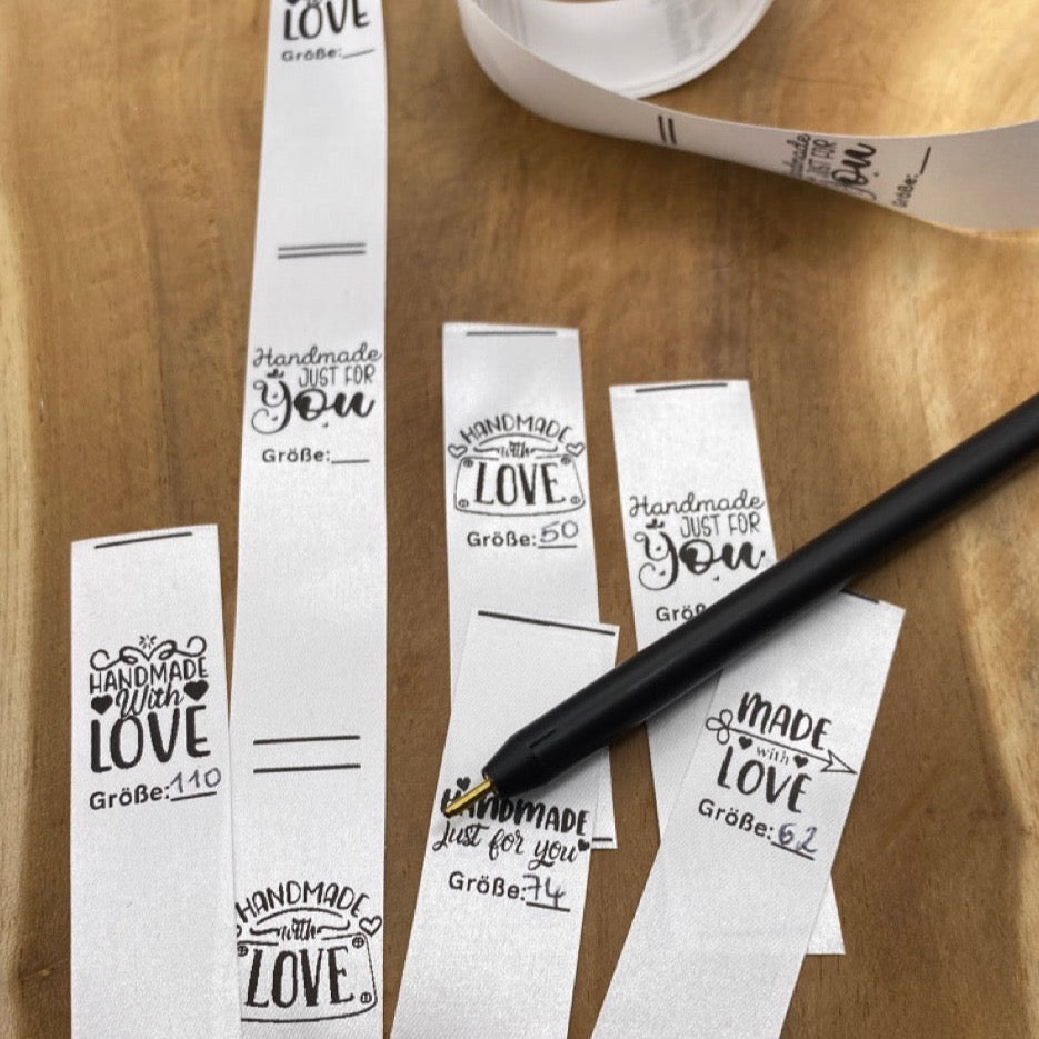 5 Stück Made with Love Größen Label zum beschriften Satin Label