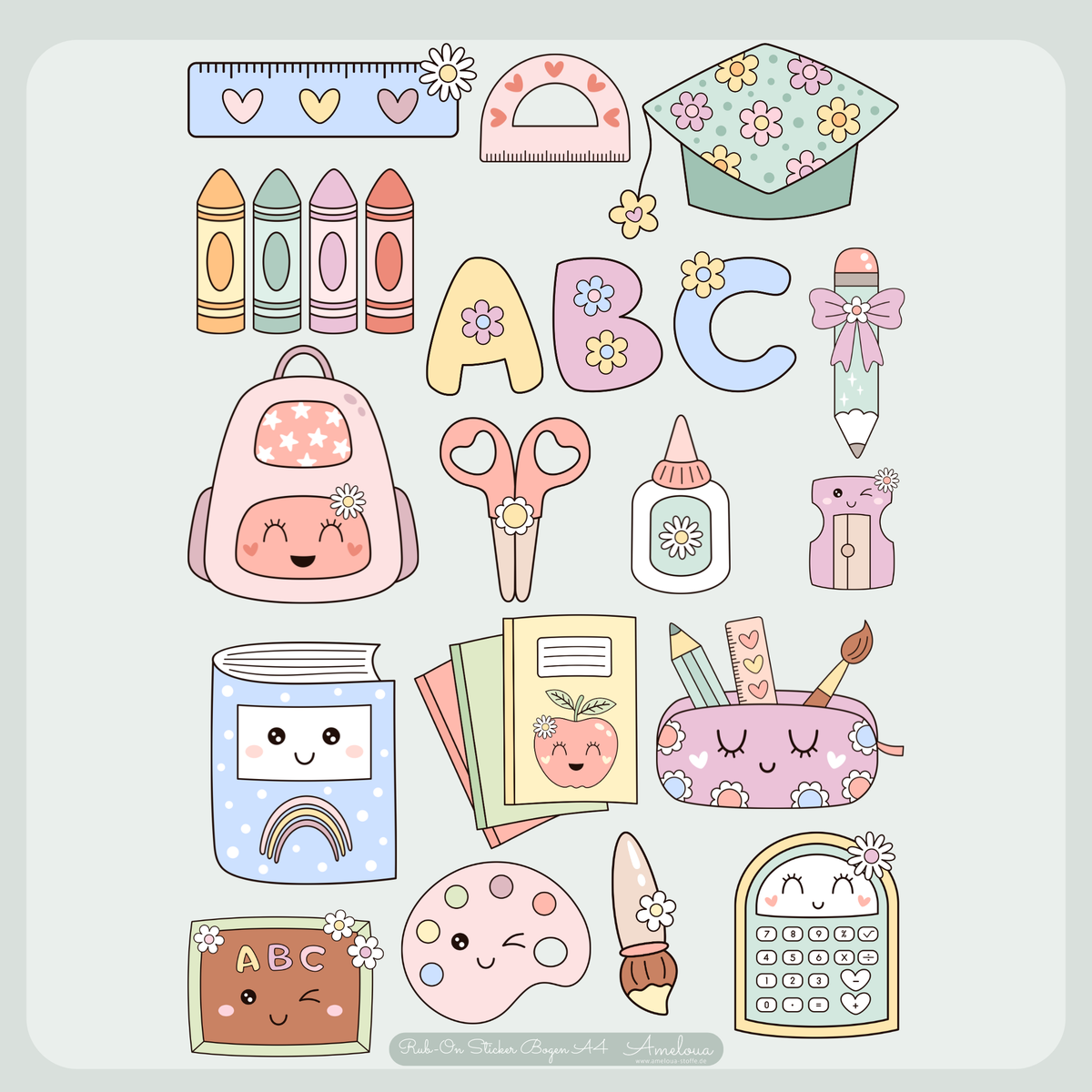Kawaii Schule Rub-On Sticker Set
