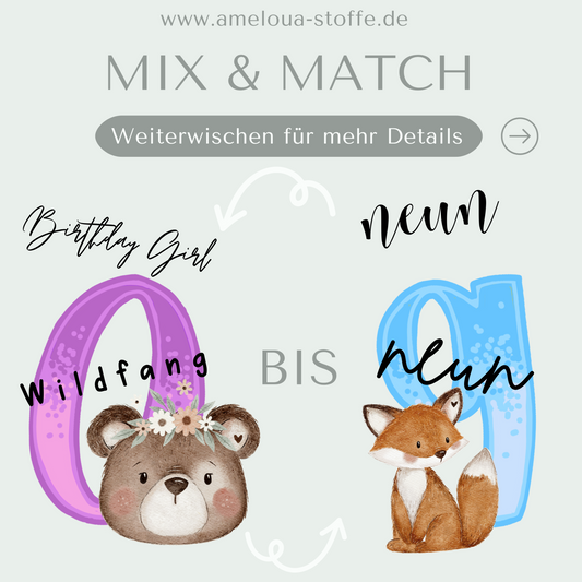 Zahlen, Tiere, Fuchs, Bär, neun, Birthday Girl, Mix and Match