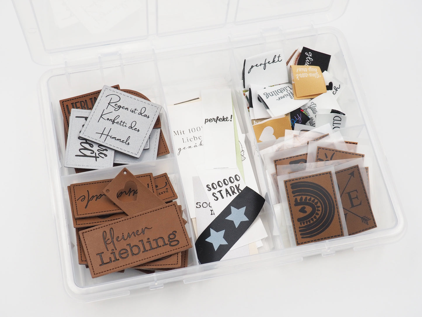 Label Box / Kunstleder Label, Knick Label, Web Label, Satin, Bügel Label