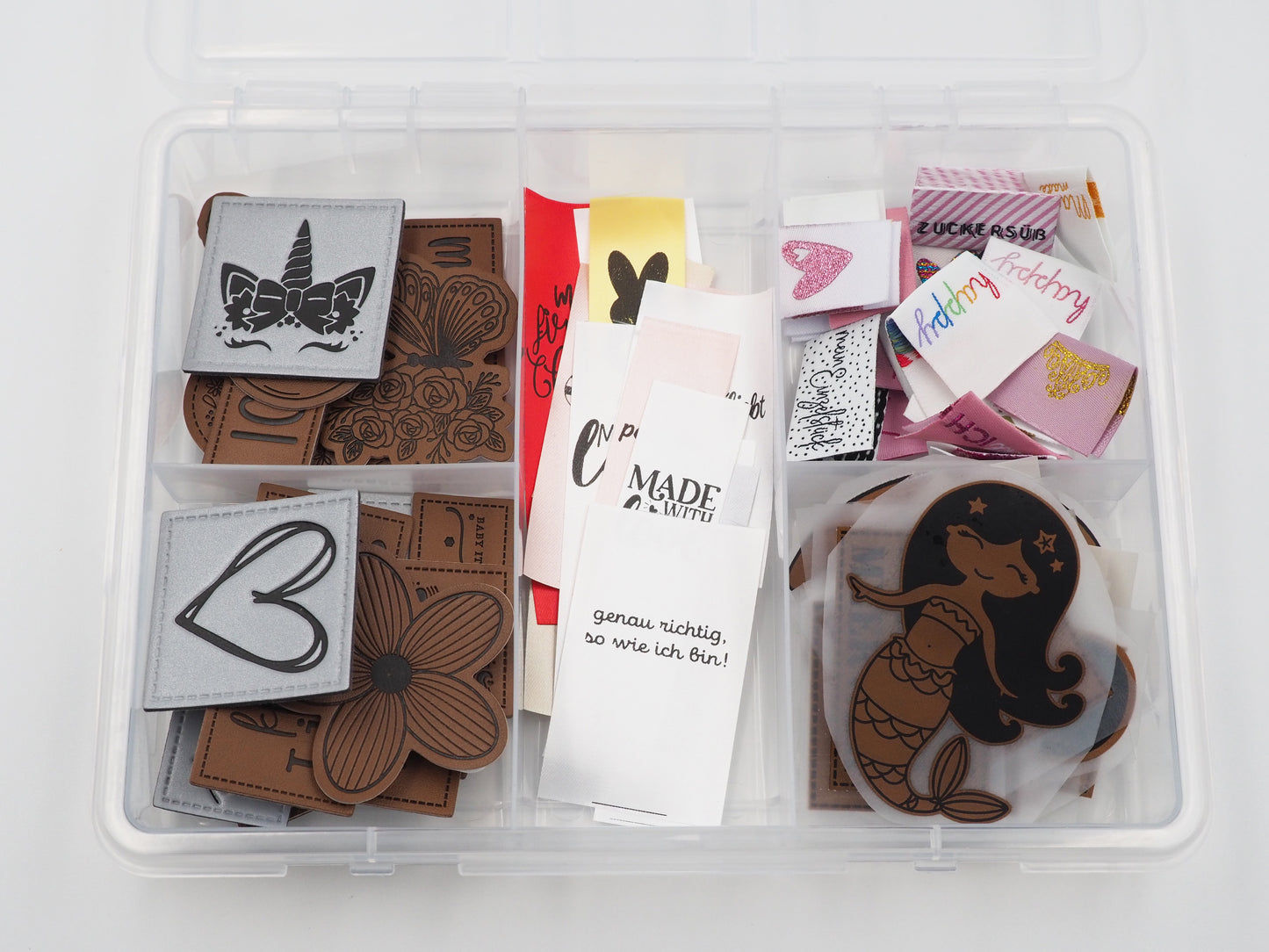 Label Box / Kunstleder Label, Knick Label, Web Label, Satin, Bügel Label