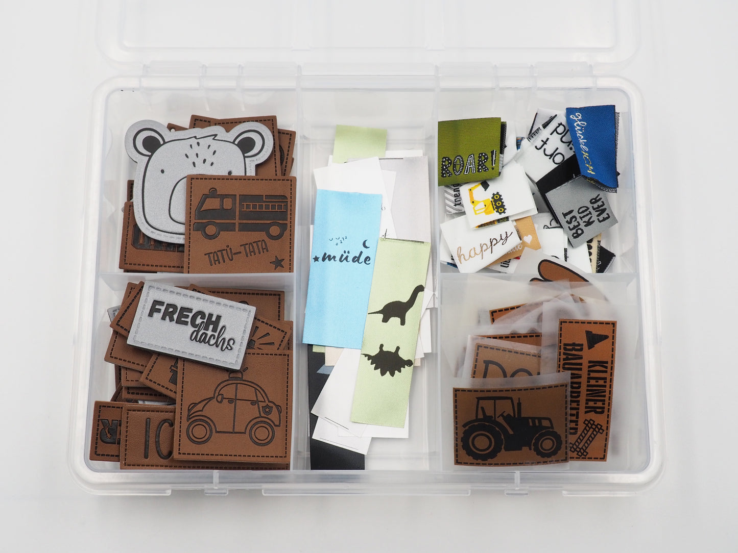 Label Box / Kunstleder Label, Knick Label, Web Label, Satin, Bügel Label