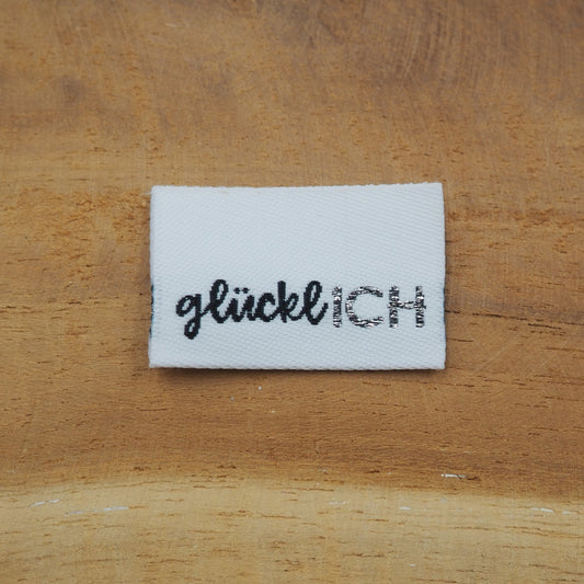 glücklICH in Weiß Web Label gewebt Eigenproduktion
