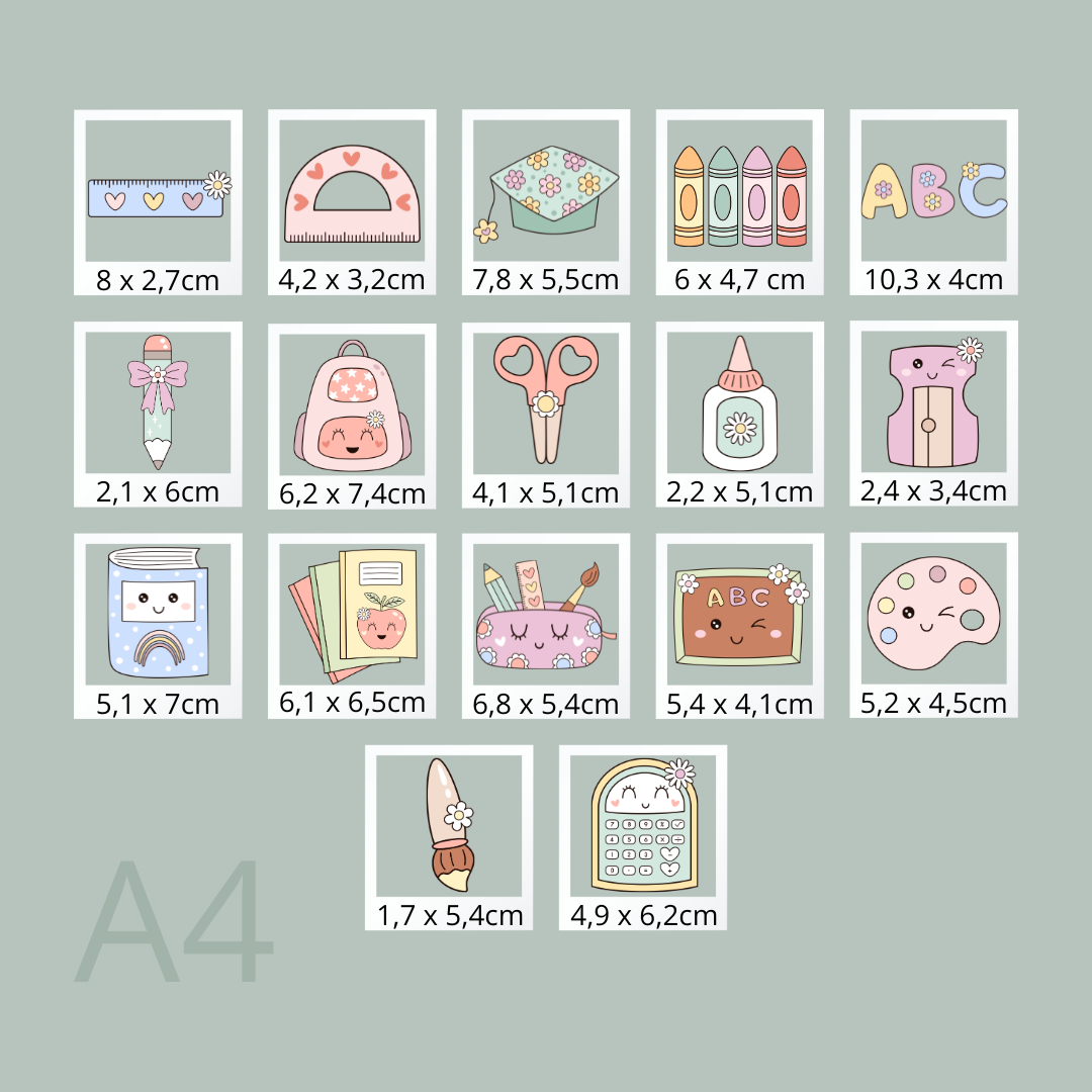 Kawaii Schule Bügelbild-Set Eigenproduktion DIN A4