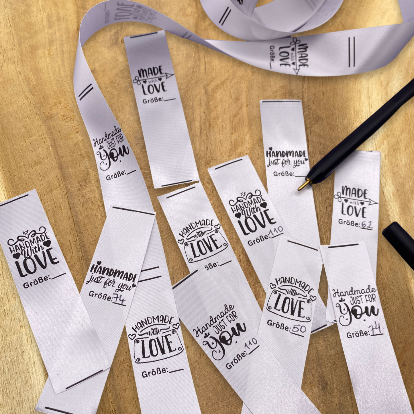5 Stück Made with Love Größen Label zum beschriften Satin Label