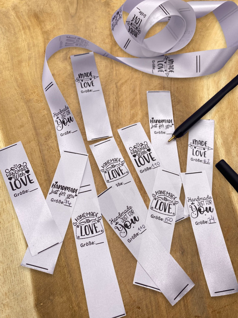 5 Stück Made with Love Größen Label zum beschriften Satin Label